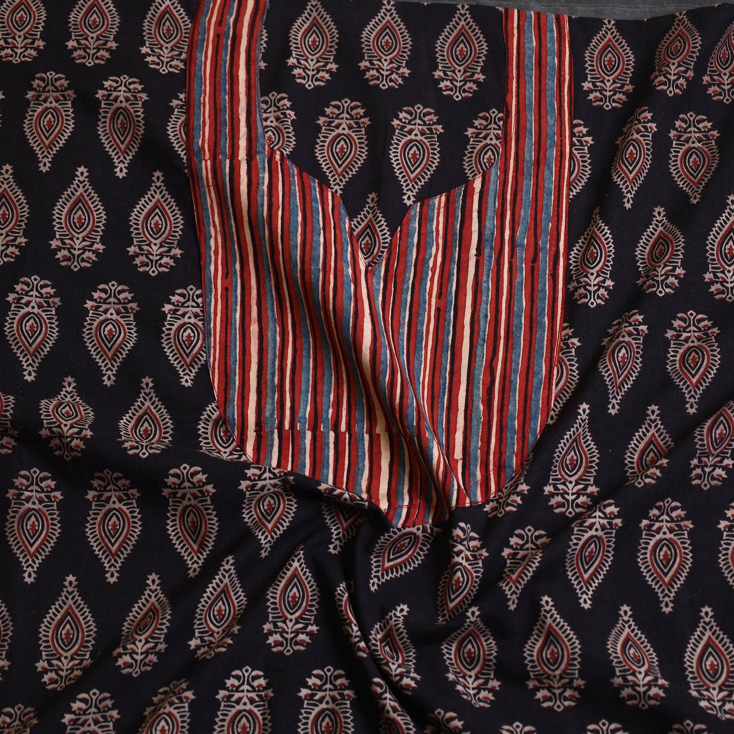 Buy Black Ajrakh Print Patchwork Cotton Kurta Material