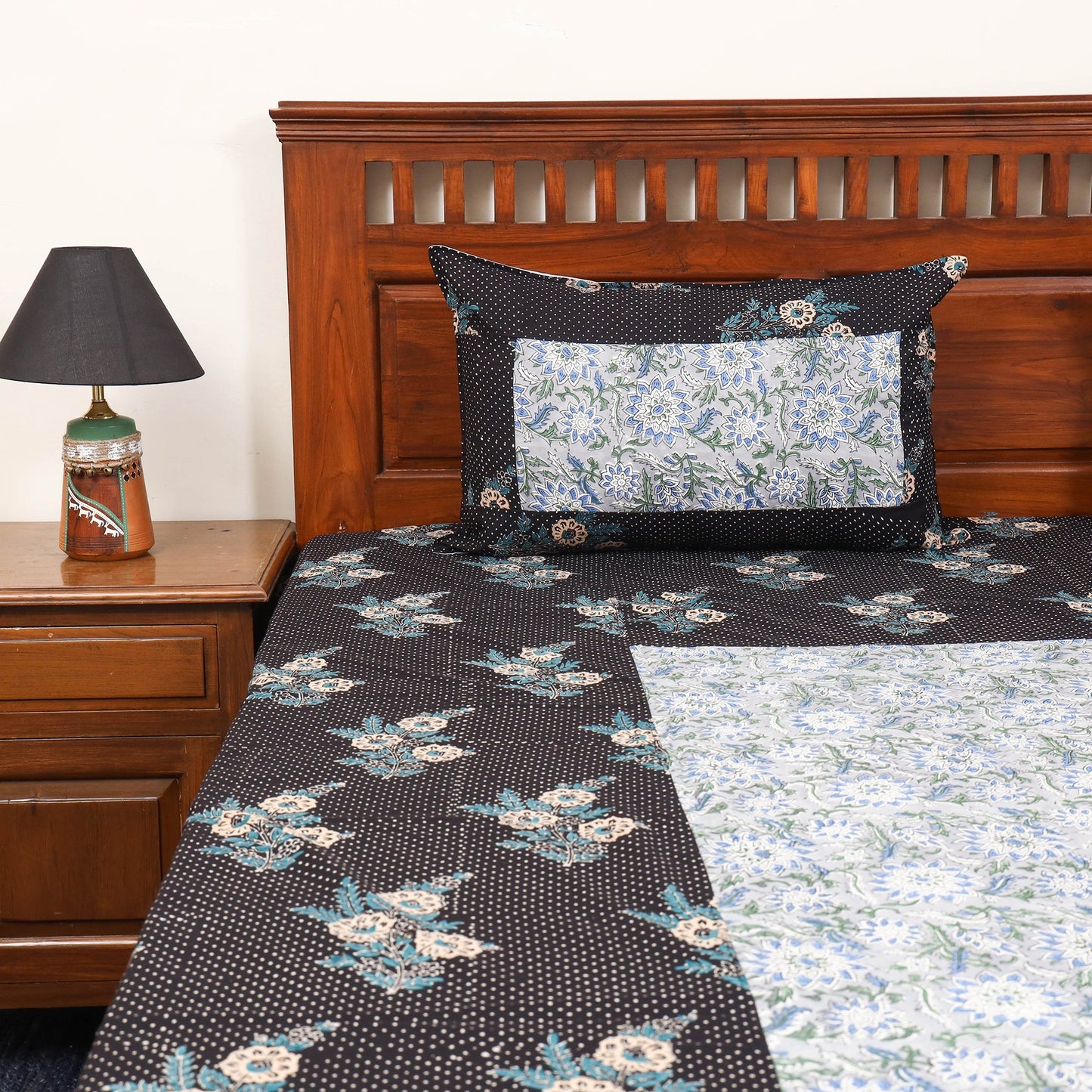 Patchwork hand double sanganeri bedsheet set (108 x 90 in)