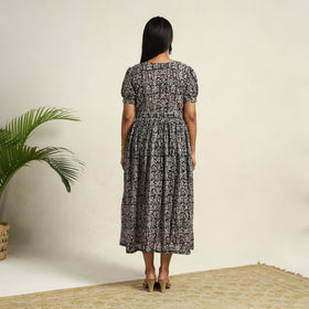 Pedana Block Print Mul Cotton Black Flared Kalamkari Dress