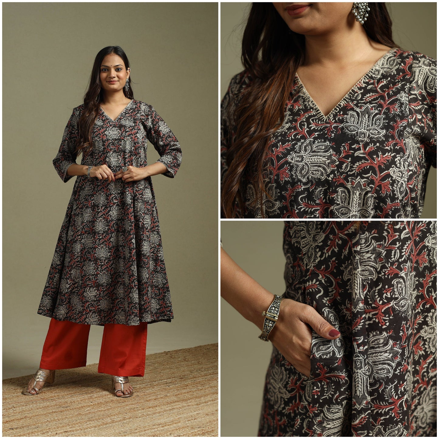 Black - pedana natural dyed cotton hand embroidery a-line