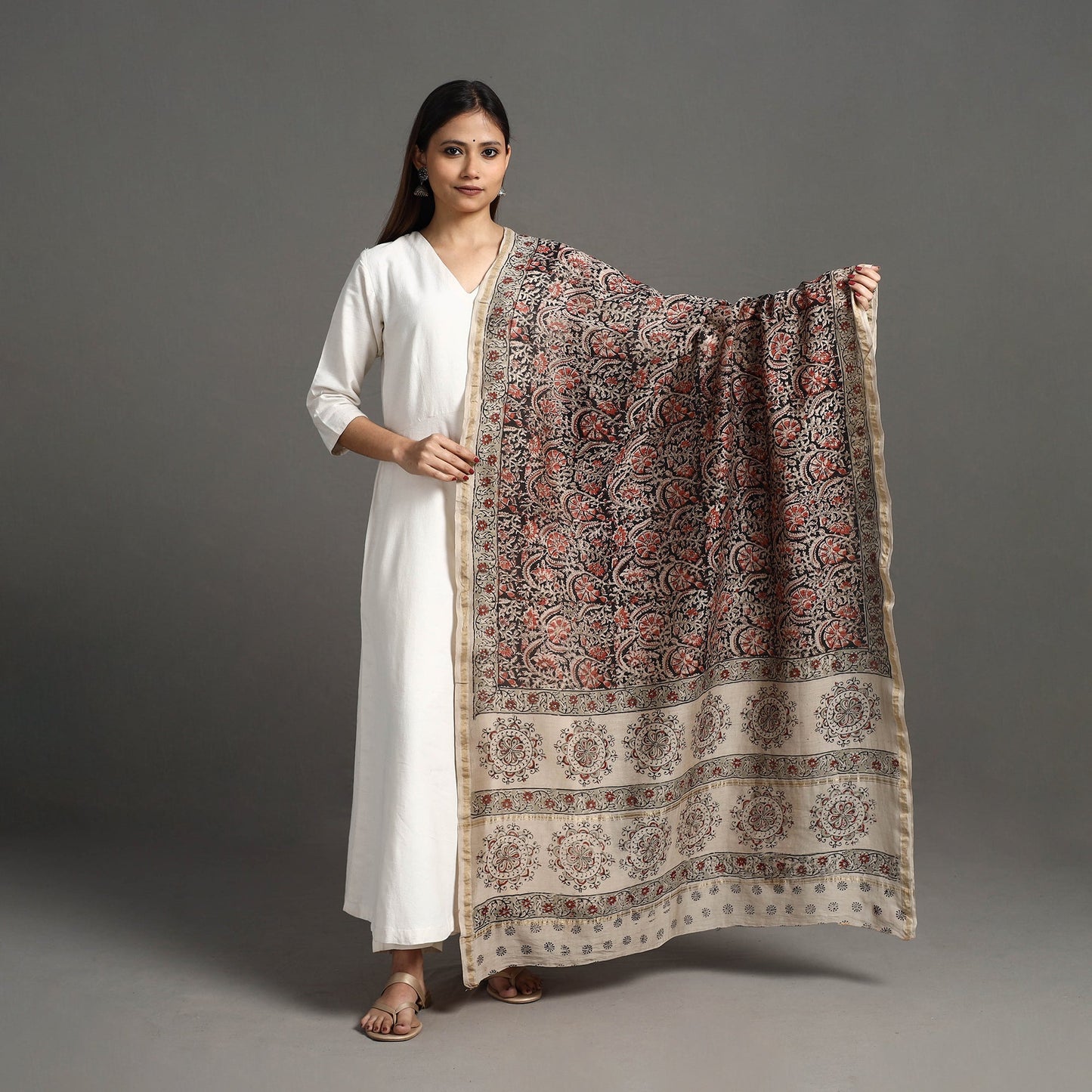 Black Pedana Block Print Chanderi Silk Kalamkari Dupatta