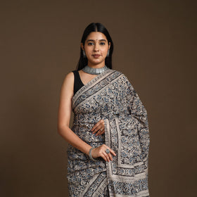 Black Pedana Block Print Cotton Kalamkari Saree