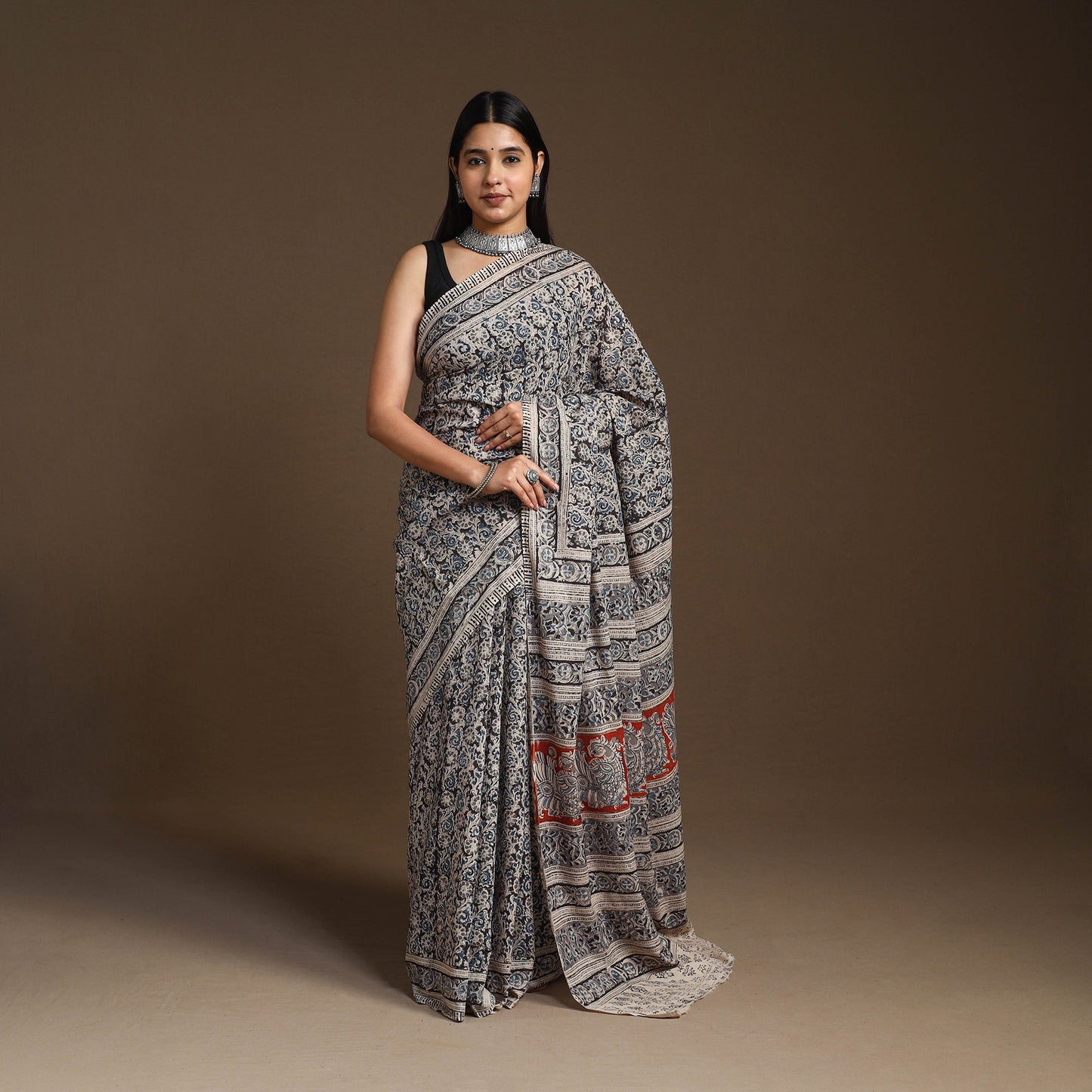 Black Pedana Block Print Cotton Kalamkari Saree