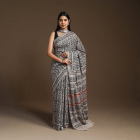 Black Pedana Block Print Cotton Kalamkari Saree
