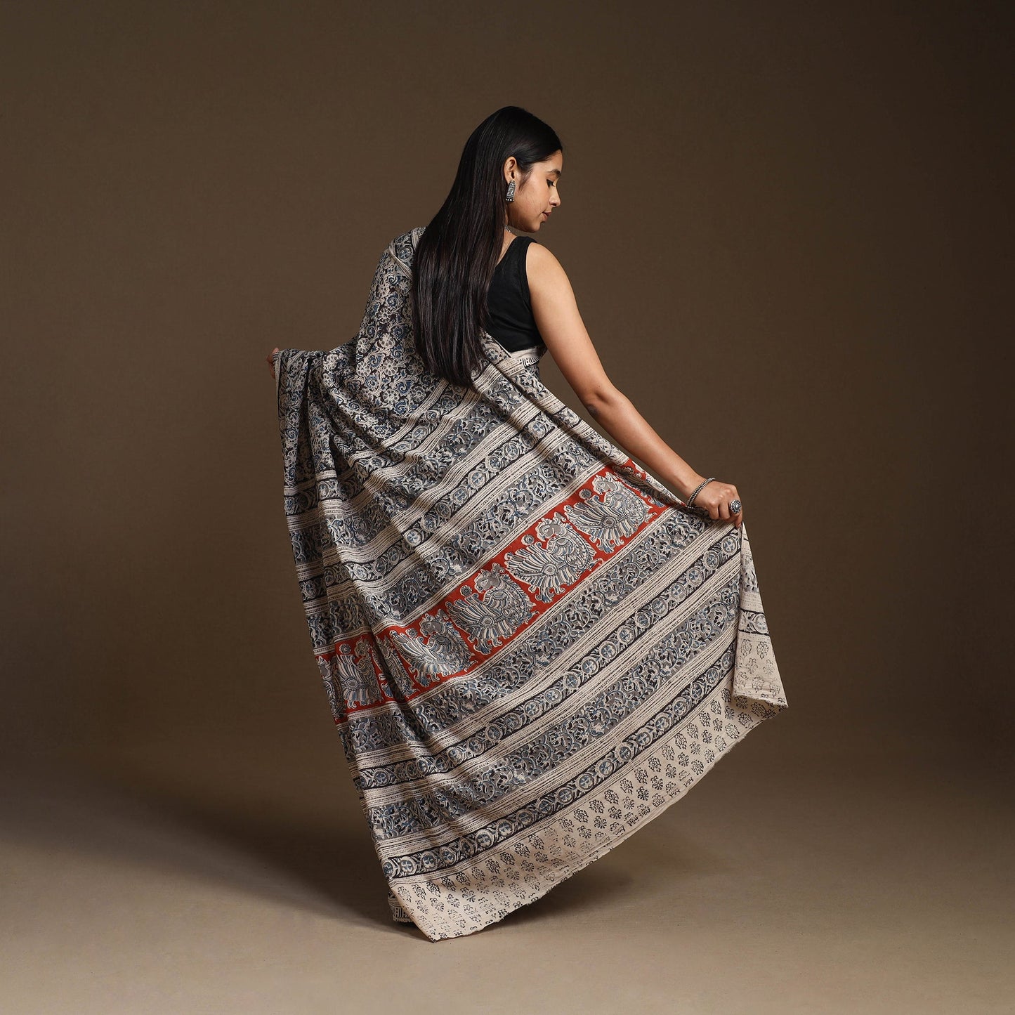 Black Pedana Block Print Cotton Kalamkari Saree