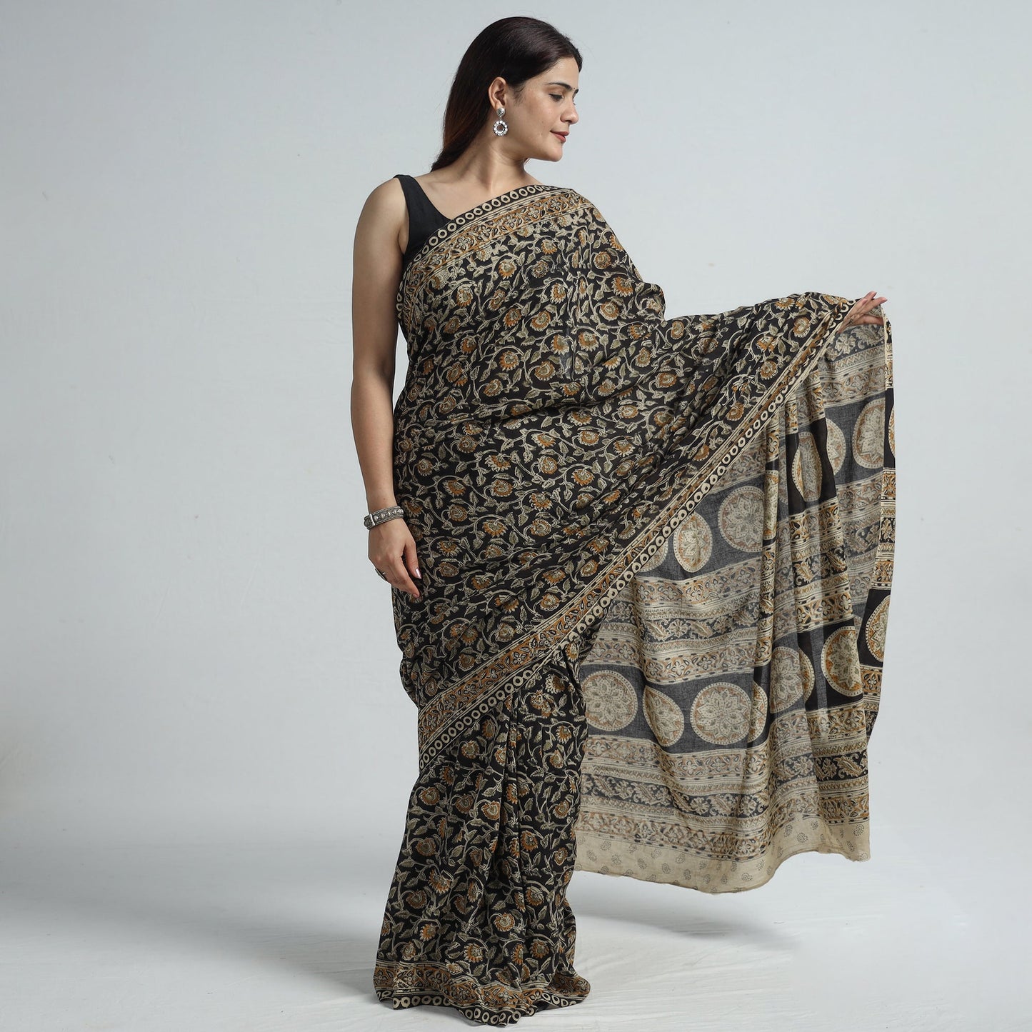 Black Pedana Block Print Cotton Kalamkari Saree
