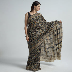 Black Pedana Block Print Cotton Kalamkari Saree