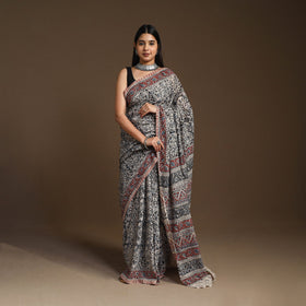 Black Pedana Block Print Cotton Kalamkari Saree