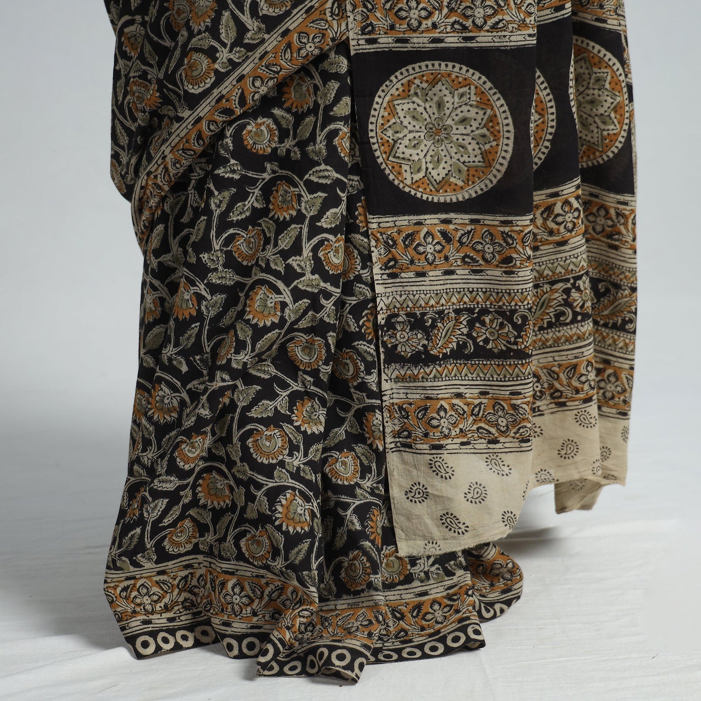 Black Pedana Block Print Cotton Kalamkari Saree