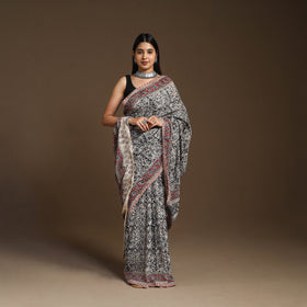 Black Pedana Block Print Cotton Kalamkari Saree
