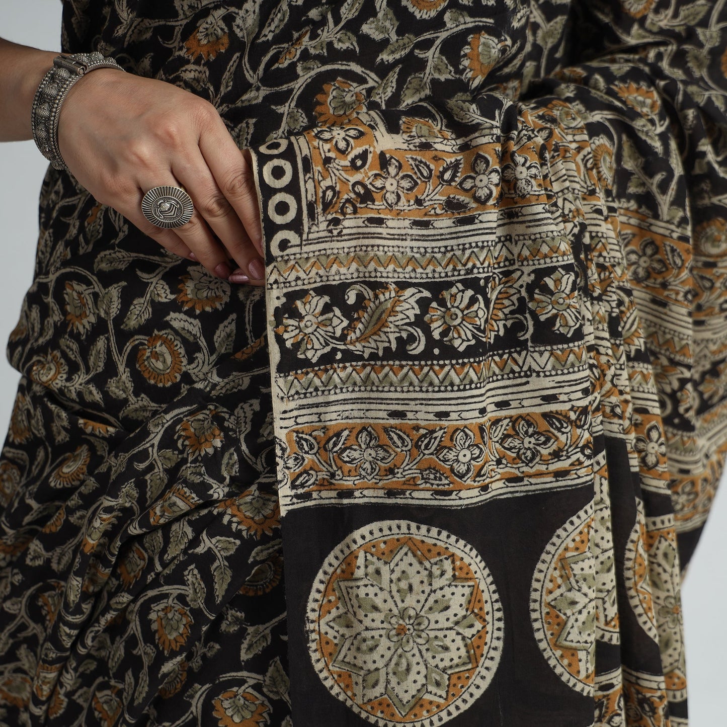 Black Pedana Block Print Cotton Kalamkari Saree