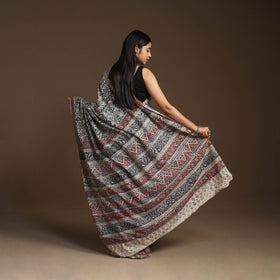 Black Pedana Block Print Cotton Kalamkari Saree