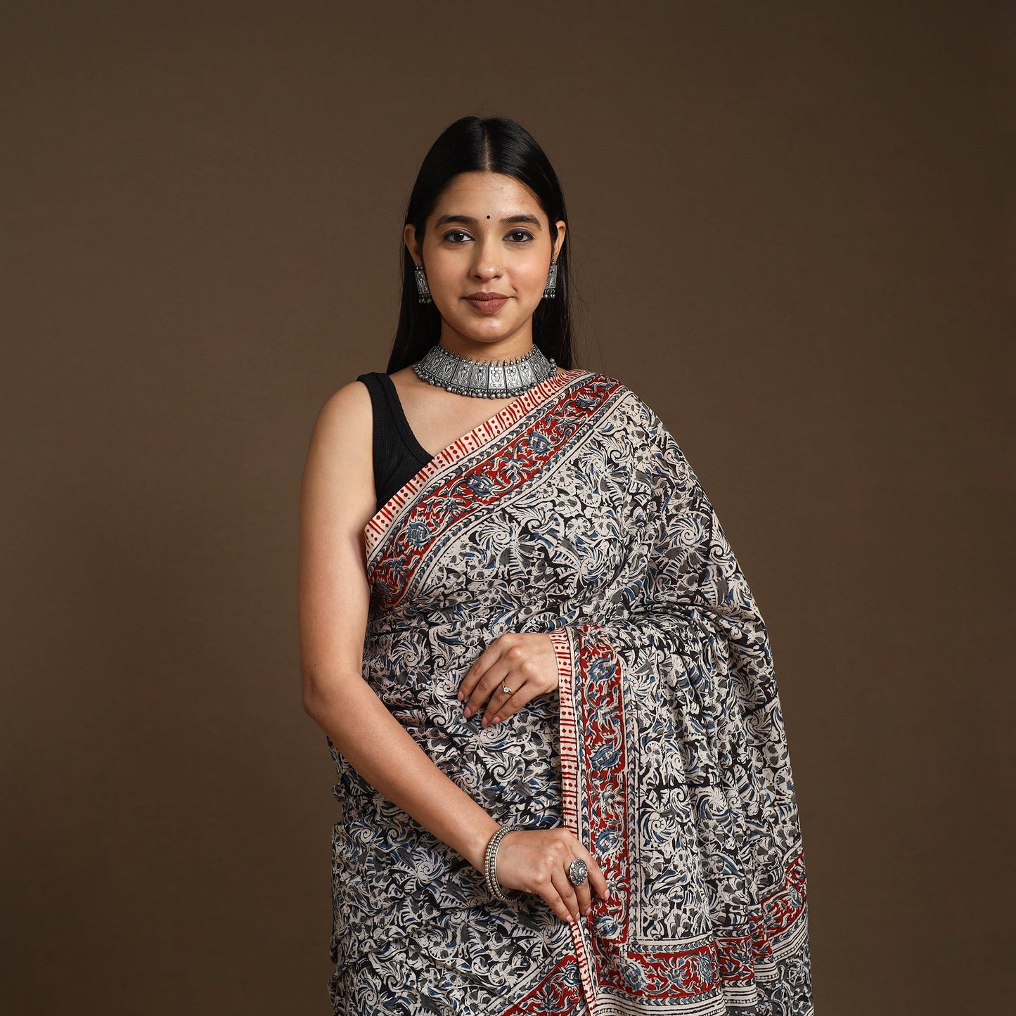 Black Pedana Block Print Cotton Kalamkari Saree