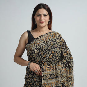 Black Pedana Block Print Cotton Kalamkari Saree