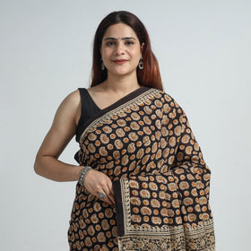 Black Pedana Block Print Cotton Kalamkari Saree