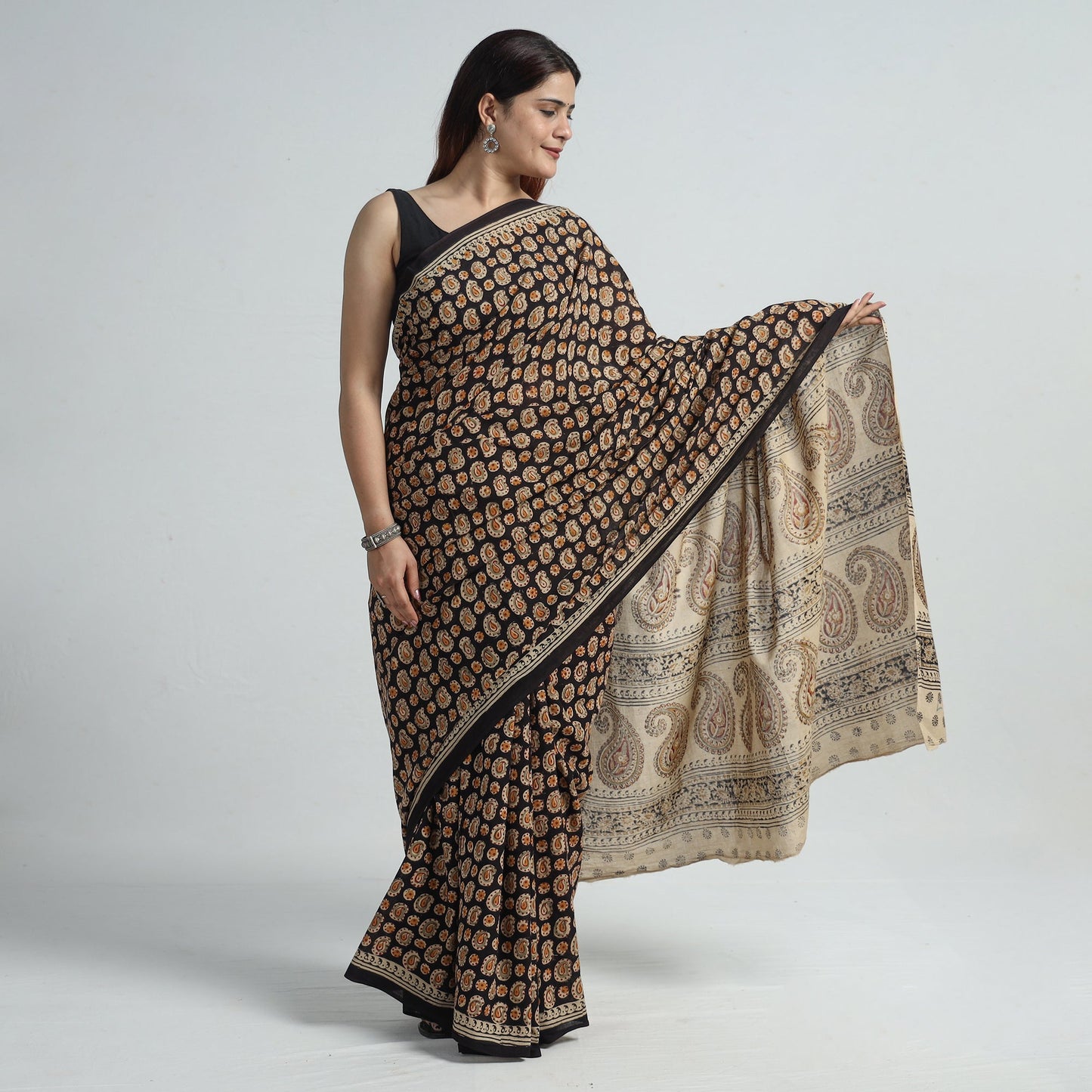 Black Pedana Block Print Cotton Kalamkari Saree
