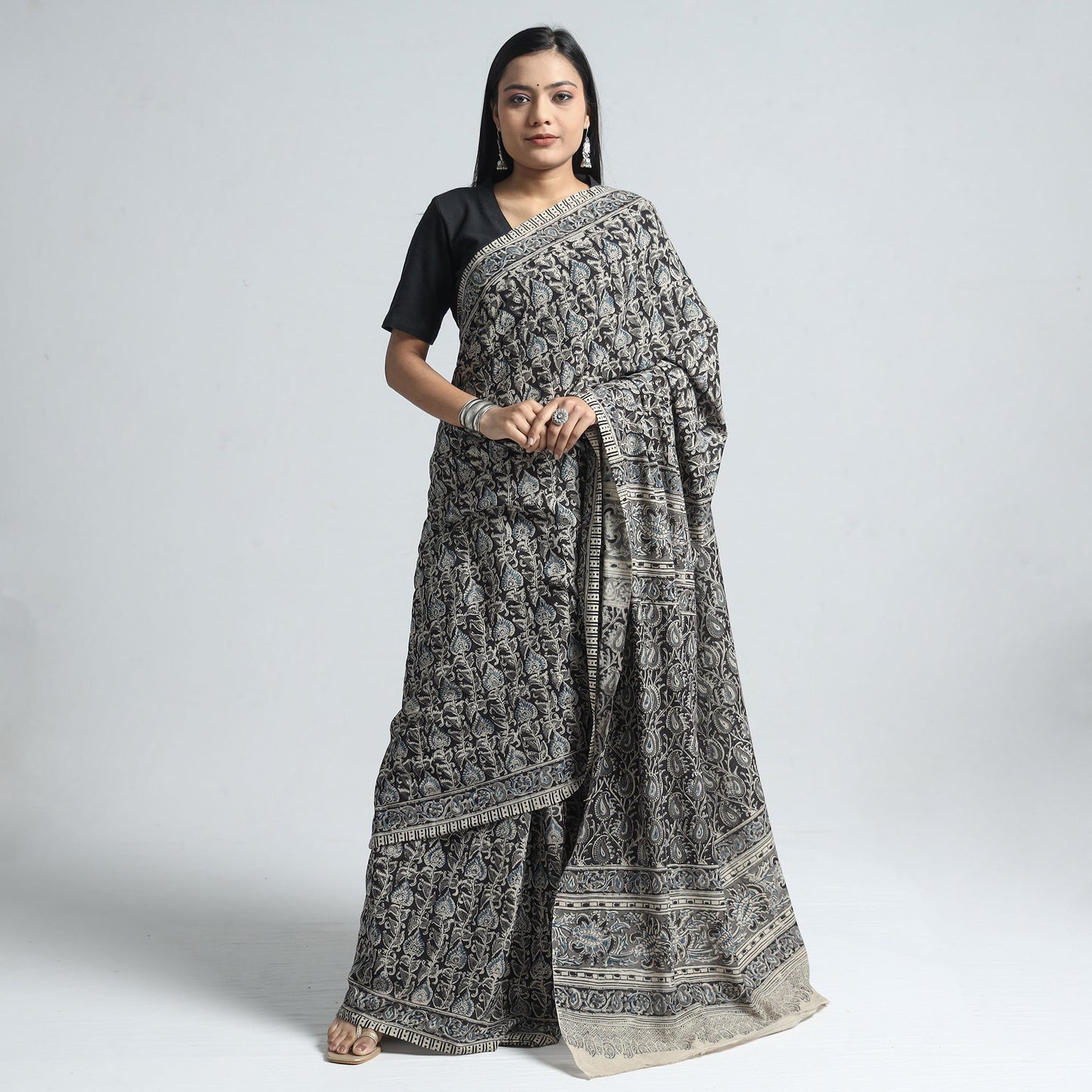 Black Pedana Block Print Cotton Kalamkari Saree