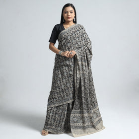 Black Pedana Block Print Cotton Kalamkari Saree