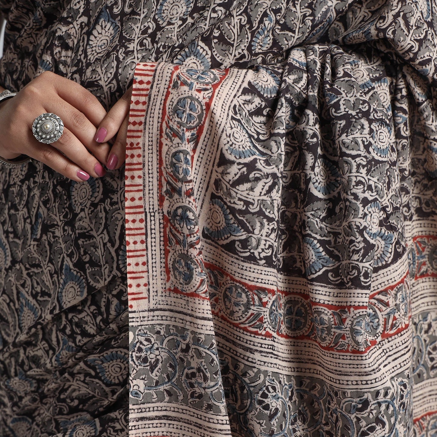 Black Pedana Block Print Cotton Kalamkari Saree