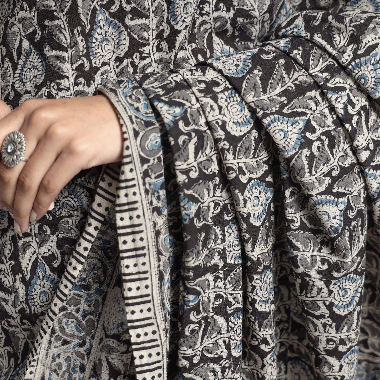 Black Pedana Block Print Cotton Kalamkari Saree