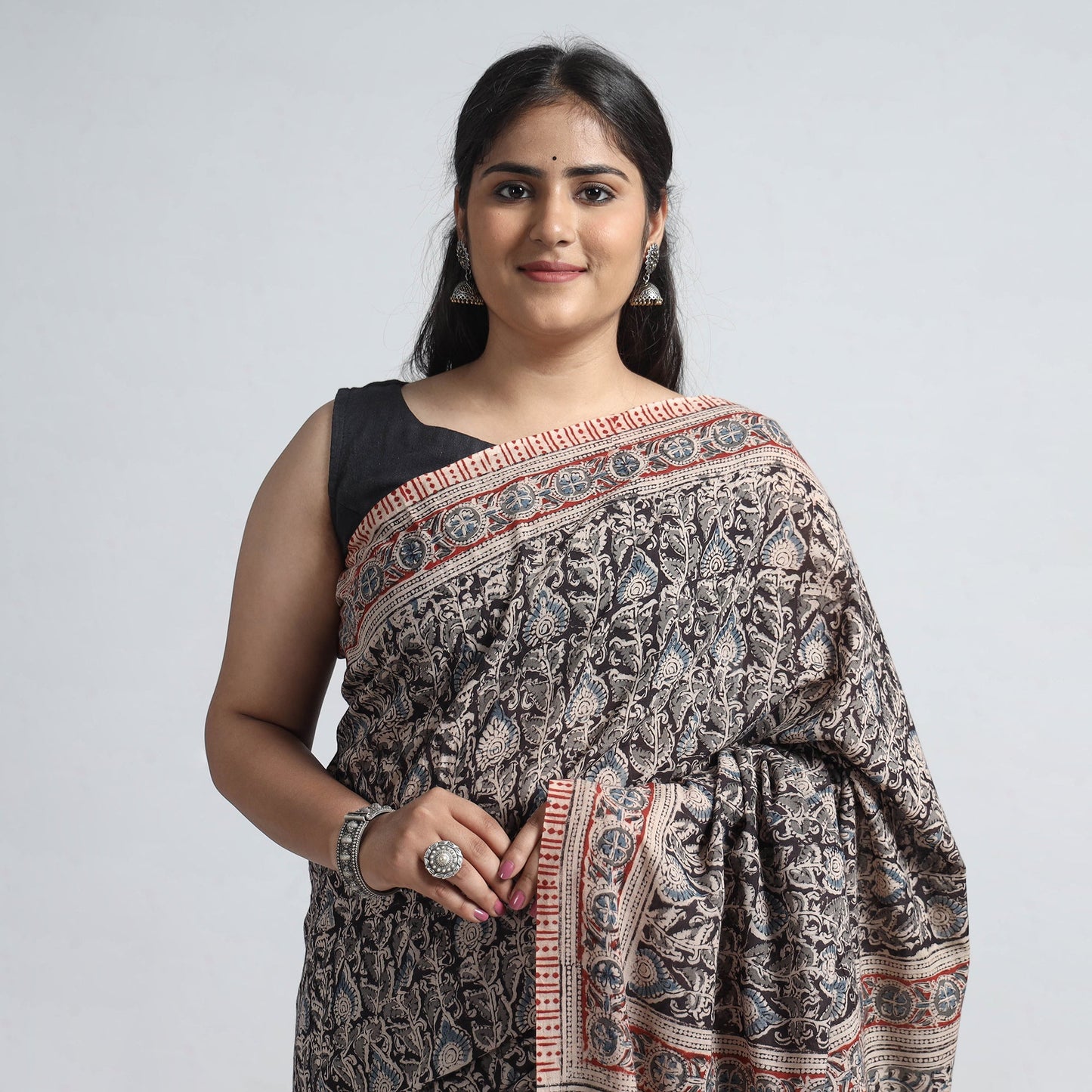 Black Pedana Block Print Cotton Kalamkari Saree