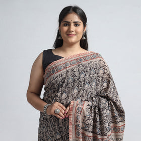 Black Pedana Block Print Cotton Kalamkari Saree