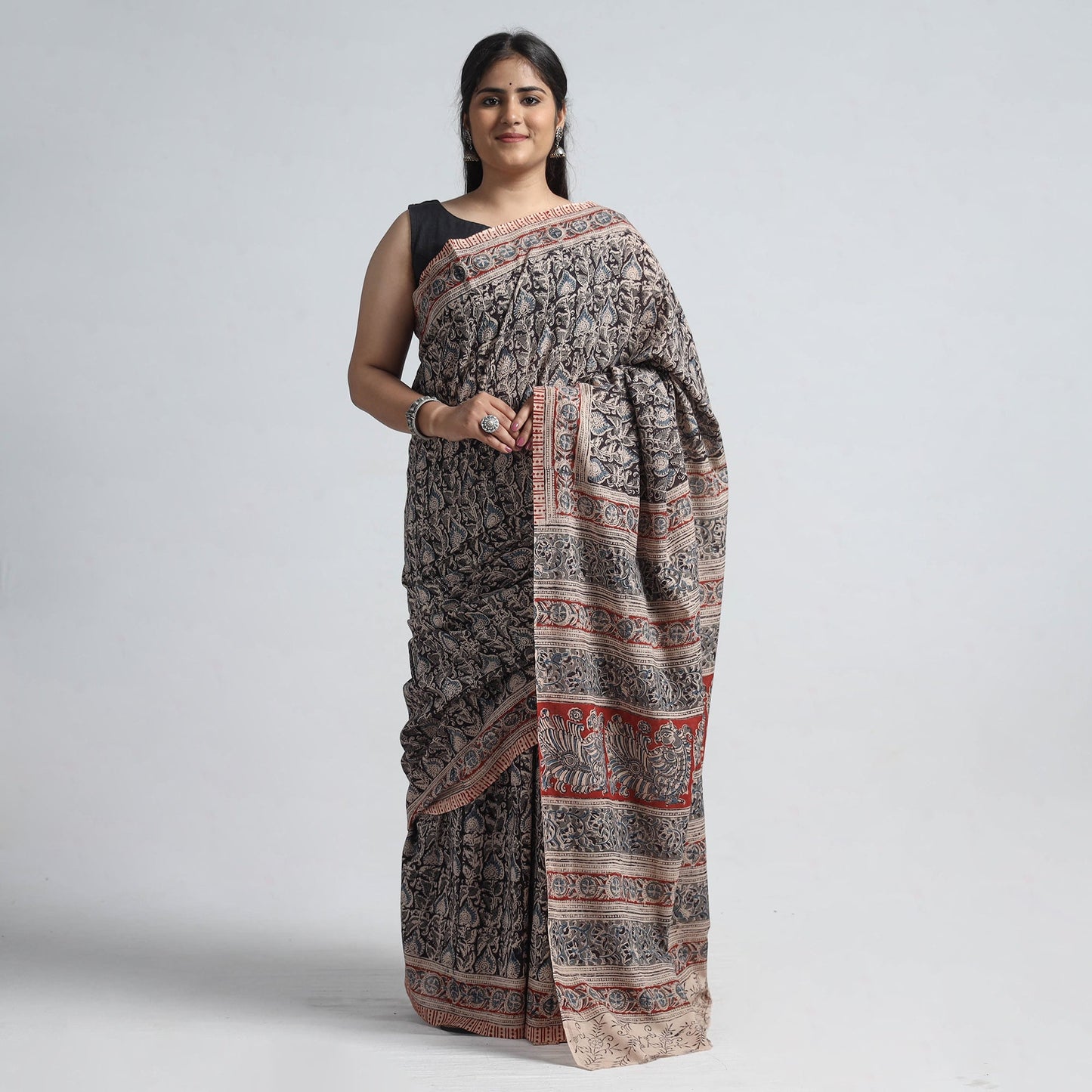 Black Pedana Block Print Cotton Kalamkari Saree