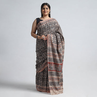 Black Pedana Block Print Cotton Kalamkari Saree