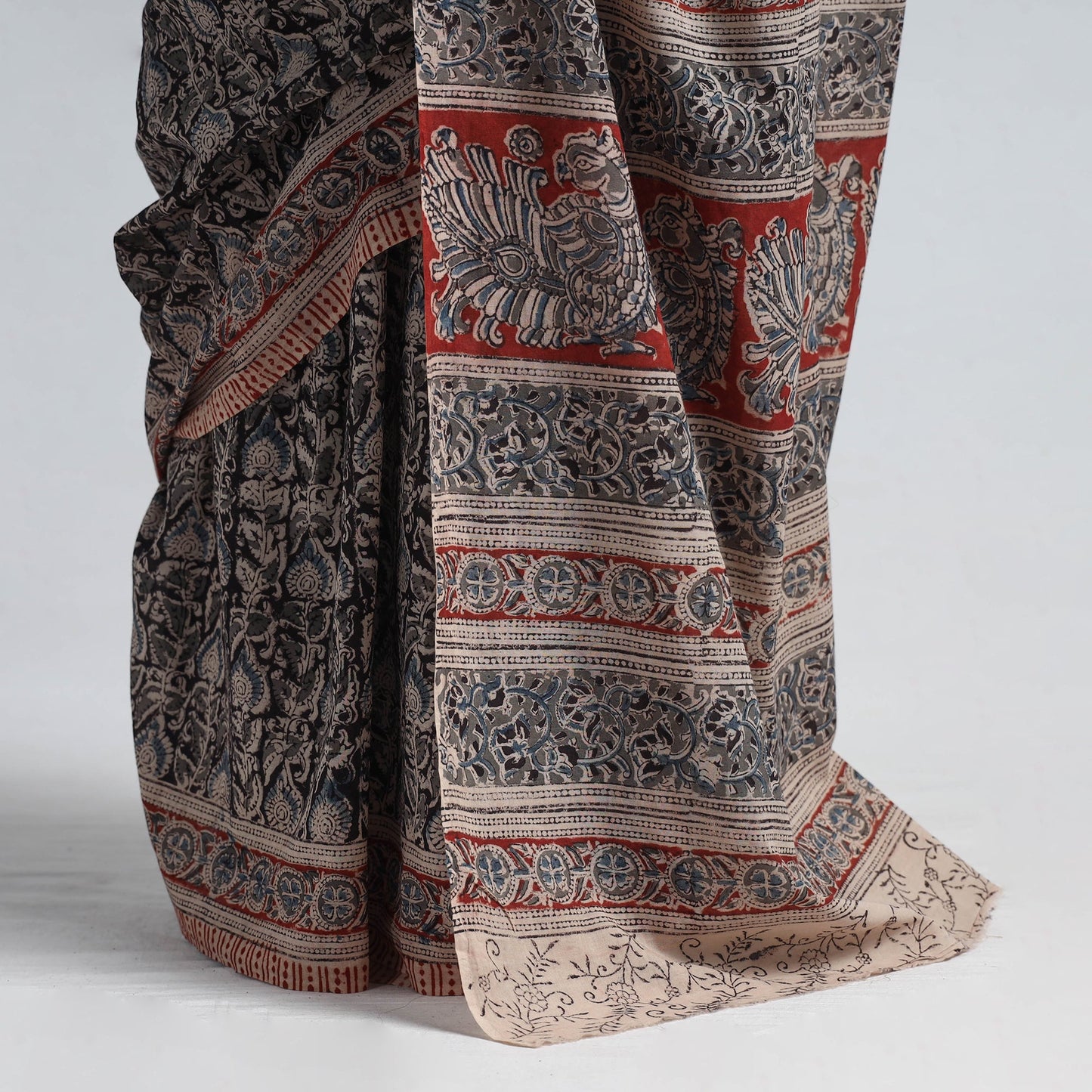 Black Pedana Block Print Cotton Kalamkari Saree