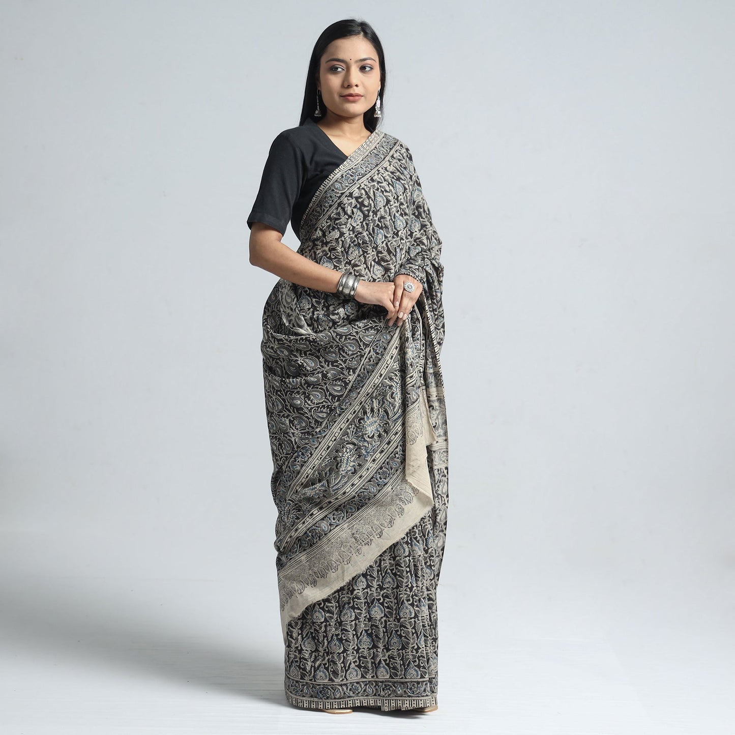 Black Pedana Block Print Cotton Kalamkari Saree