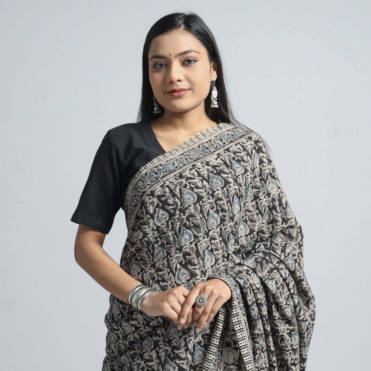 Black Pedana Block Print Cotton Kalamkari Saree