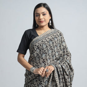 Black Pedana Block Print Cotton Kalamkari Saree