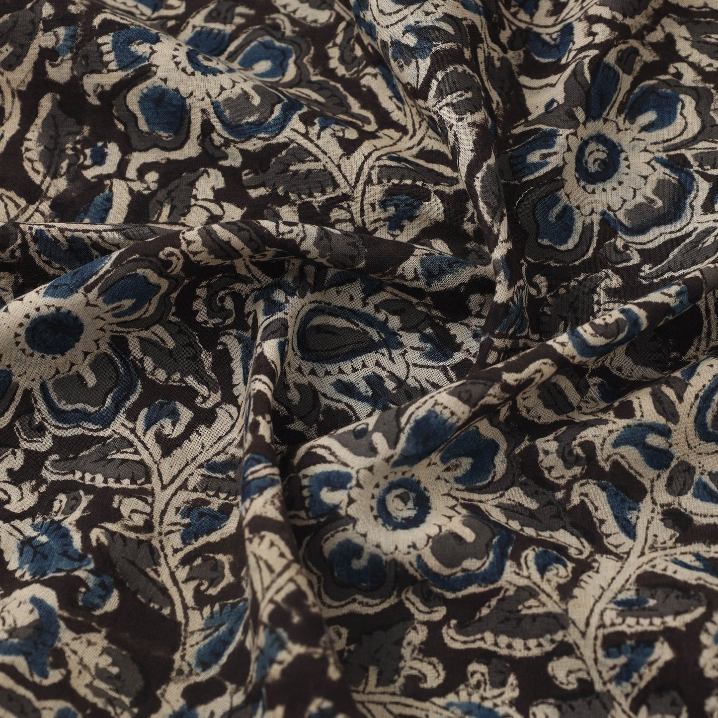 Pedana Hand Block Print Mul Cotton Black Kalamkari Fabric