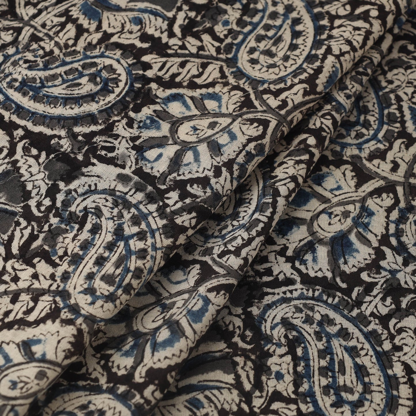 Pedana Hand Block Print Mul Cotton Black Kalamkari Fabric