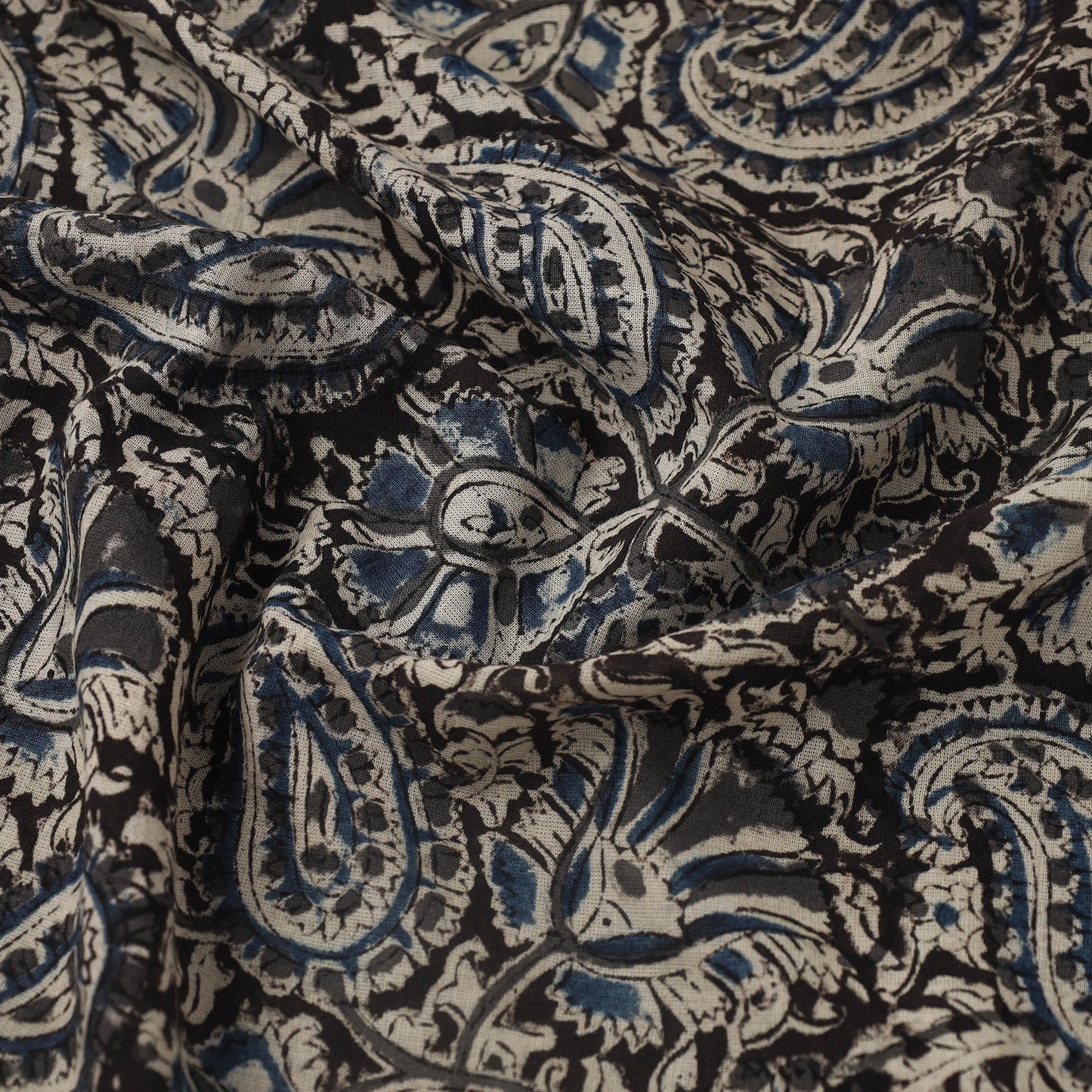 Pedana Hand Block Print Mul Cotton Black Kalamkari Fabric