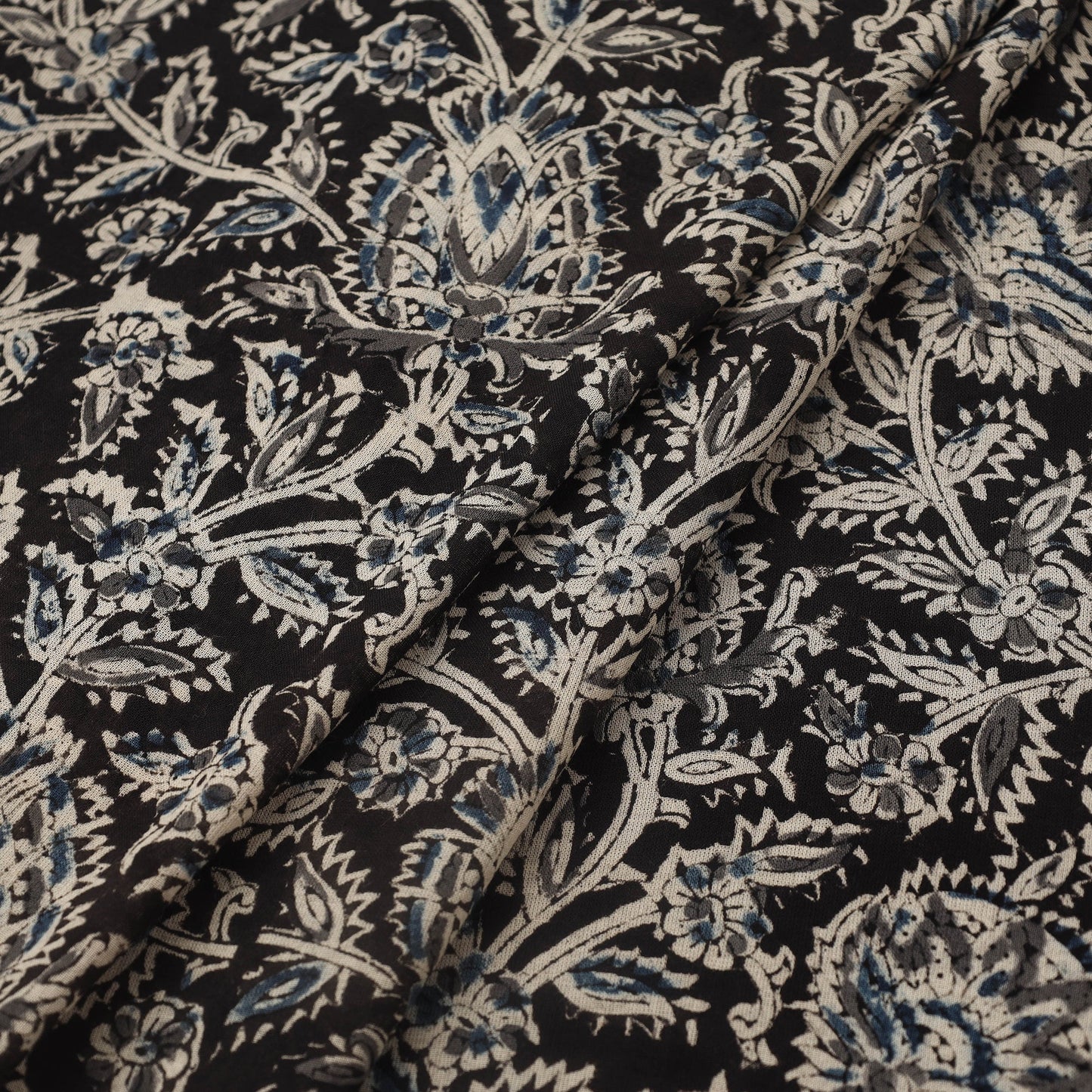 Pedana Hand Block Print Mul Cotton Black Kalamkari Fabric