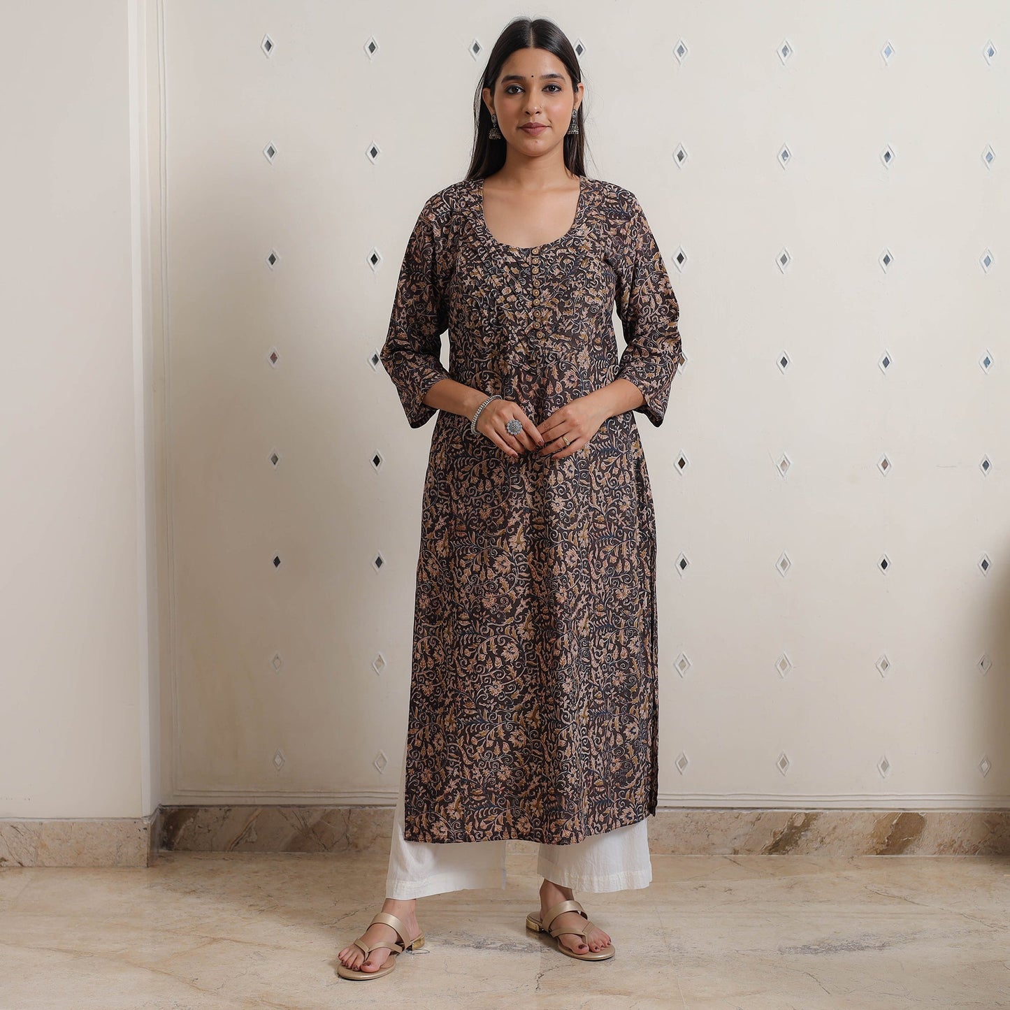 Pedana Kalamkari Block Print Cotton Pintuck Straight Kurta For Women