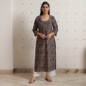 Pedana Kalamkari Block Print Cotton Pintuck Straight Kurta For Women