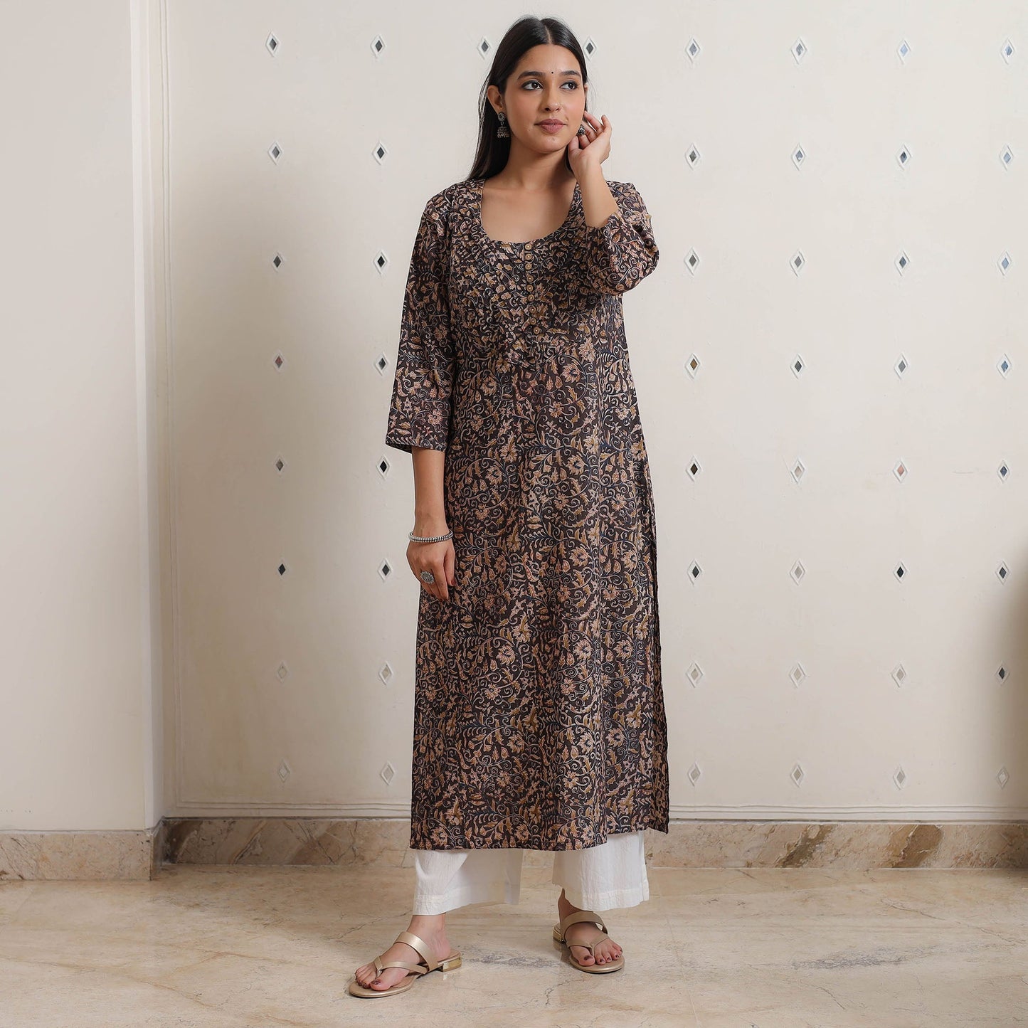 Pedana Kalamkari Block Print Cotton Pintuck Straight Kurta For Women
