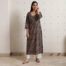 Pedana Kalamkari Block Print Cotton Pintuck Straight Kurta For Women