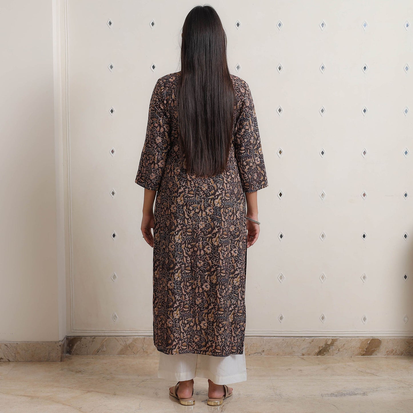 Pedana Kalamkari Block Print Cotton Pintuck Straight Kurta For Women