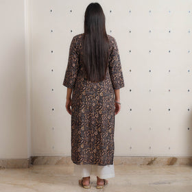 Pedana Kalamkari Block Print Cotton Pintuck Straight Kurta For Women