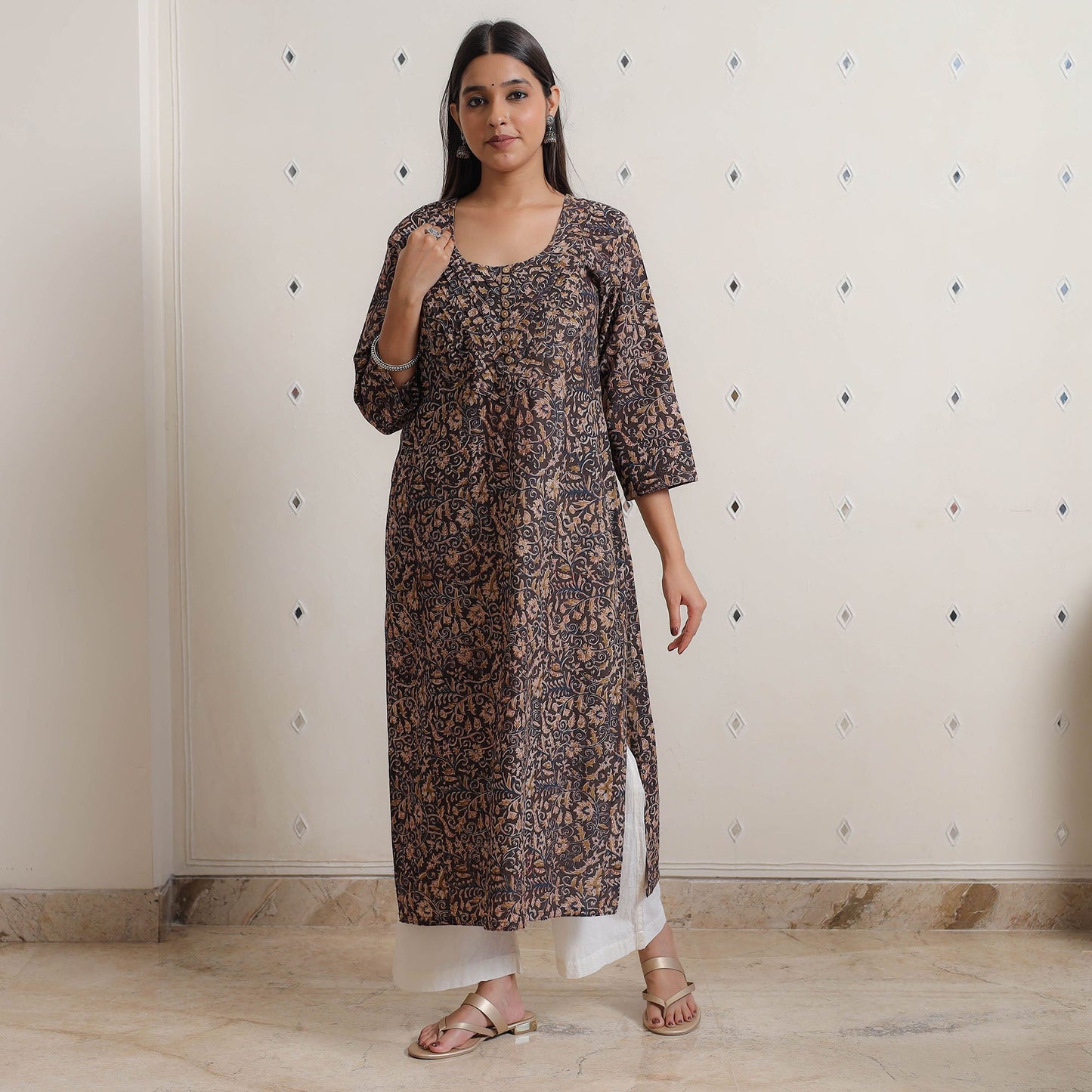 Pedana Kalamkari Block Print Cotton Pintuck Straight Kurta For Women
