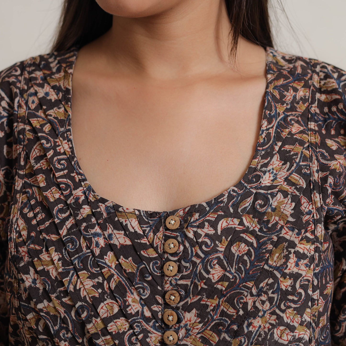 Pedana Kalamkari Block Print Cotton Pintuck Straight Kurta For Women