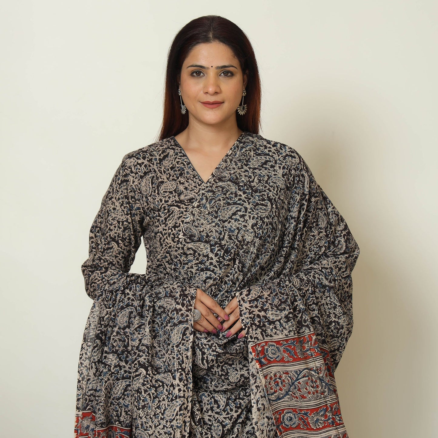 Buy Pedana Kalamkari Block Printed Cotton Kurta with Palazzo & Dupatta Set 12 Online at iTokri.com