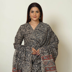 Buy Pedana Kalamkari Block Printed Cotton Kurta with Palazzo & Dupatta Set 12 Online at iTokri.com