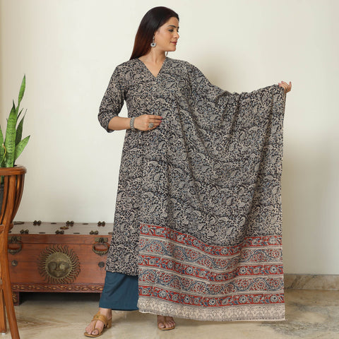 Buy Pedana Kalamkari Block Printed Cotton Kurta with Palazzo & Dupatta Set 12 Online at iTokri.com