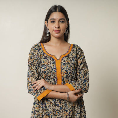 Buy Pedana Kalamkari Block Printed Cotton A-Line Kurta with Tagai Work 11 Online at iTokri.com