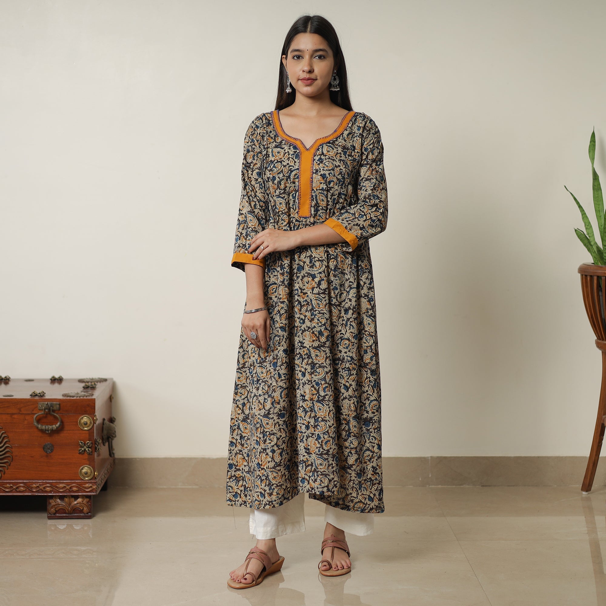 Buy Pedana Kalamkari Block Printed Cotton A-Line Kurta with Tagai Work 11 Online at iTokri.com