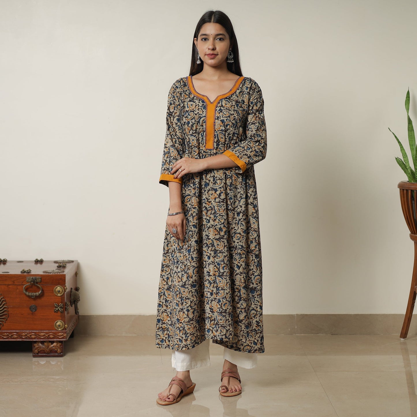 Buy Pedana Kalamkari Block Printed Cotton A-Line Kurta with Tagai Work 11 Online at iTokri.com